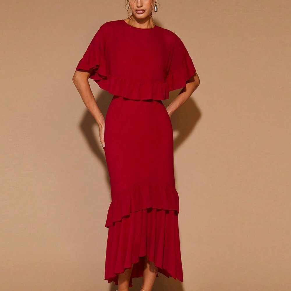 Fiery Red Elegant Women's Ruffle Trim Round Neck Long - Picture 5 of 7